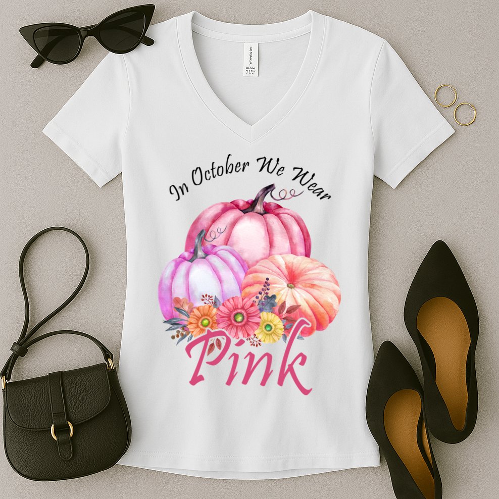 In October We Wear Pink Pumpkin Floral Breast Cancer Women's V-Neck T-Shirt
