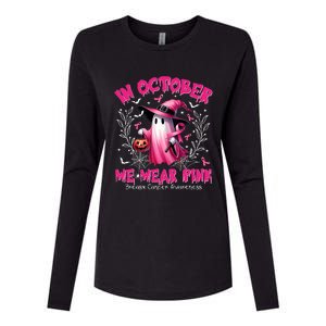 In October We Wear P.I.N.K Ghost Witch Breast Cancer Awareness Womens Cotton Relaxed Long Sleeve T-Shirt