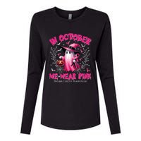 In October We Wear P.I.N.K Ghost Witch Breast Cancer Awareness Womens Cotton Relaxed Long Sleeve T-Shirt