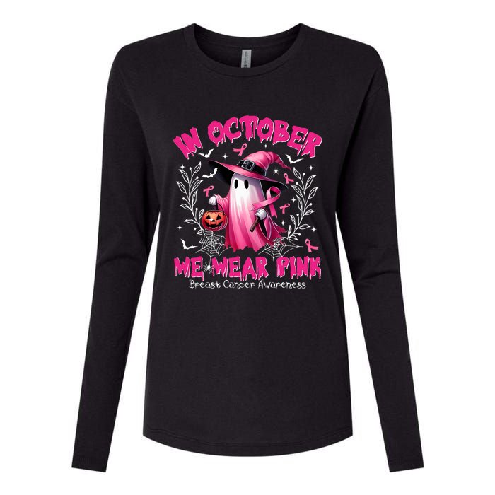 In October We Wear P.I.N.K Ghost Witch Breast Cancer Awareness Womens Cotton Relaxed Long Sleeve T-Shirt