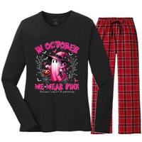 In October We Wear P.I.N.K Ghost Witch Breast Cancer Awareness Women's Long Sleeve Flannel Pajama Set 