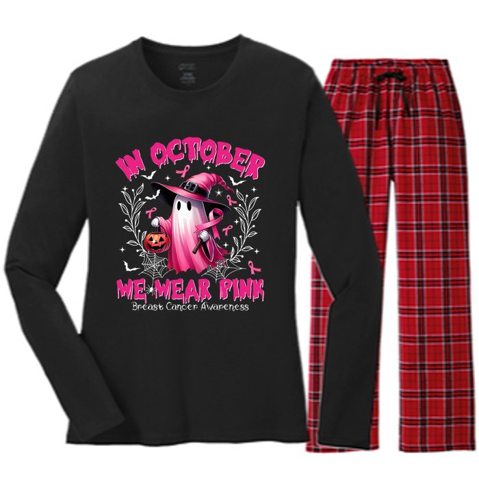 In October We Wear P.I.N.K Ghost Witch Breast Cancer Awareness Women's Long Sleeve Flannel Pajama Set 