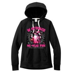 In October We Wear P.I.N.K Ghost Witch Breast Cancer Awareness Women's Fleece Hoodie