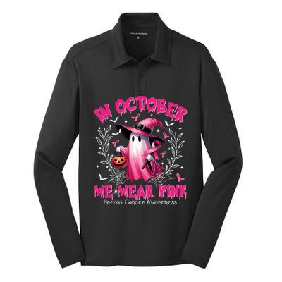 In October We Wear P.I.N.K Ghost Witch Breast Cancer Awareness Silk Touch Performance Long Sleeve Polo