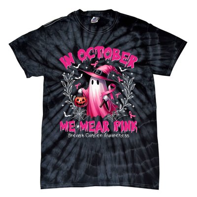 In October We Wear P.I.N.K Ghost Witch Breast Cancer Awareness Tie-Dye T-Shirt