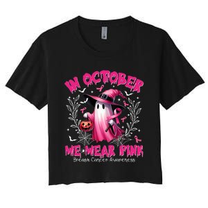 In October We Wear P.I.N.K Ghost Witch Breast Cancer Awareness Women's Crop Top Tee