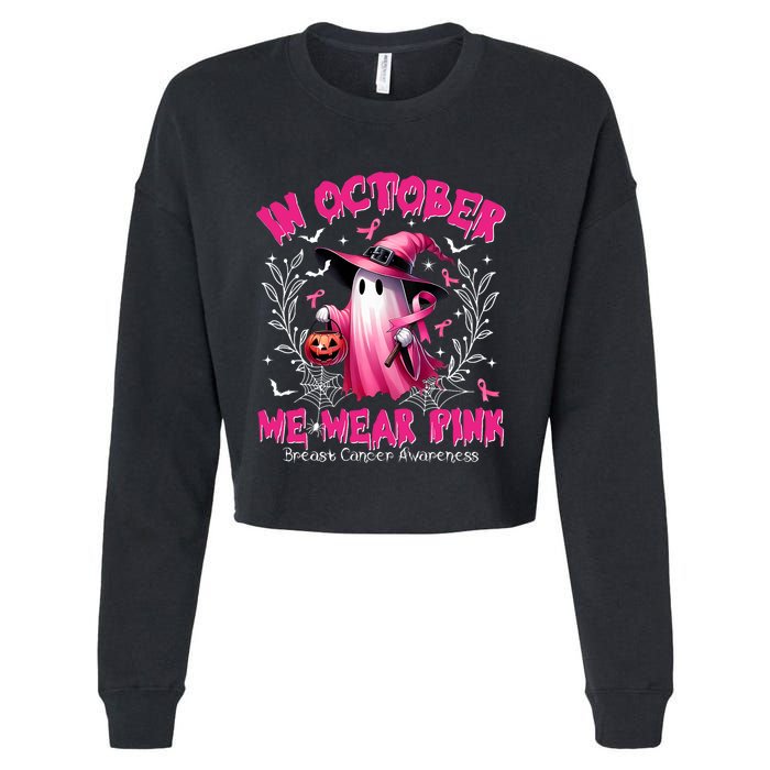 In October We Wear P.I.N.K Ghost Witch Breast Cancer Awareness Cropped Pullover Crew