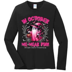 In October We Wear P.I.N.K Ghost Witch Breast Cancer Awareness Ladies Long Sleeve Shirt