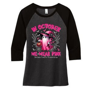 In October We Wear P.I.N.K Ghost Witch Breast Cancer Awareness Women's Tri-Blend 3/4-Sleeve Raglan Shirt