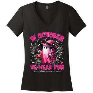 In October We Wear P.I.N.K Ghost Witch Breast Cancer Awareness Women's V-Neck T-Shirt