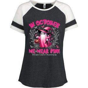 In October We Wear P.I.N.K Ghost Witch Breast Cancer Awareness Enza Ladies Jersey Colorblock Tee