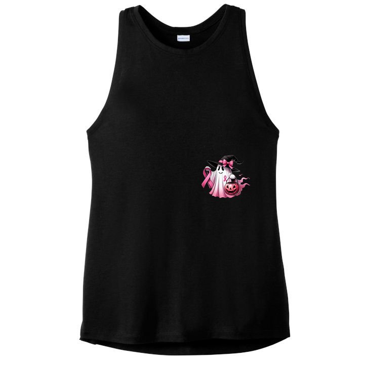 In October We Wear Pink Ghost Trick Or Treat Breast Cancer Front And Back Ladies PosiCharge Tri-Blend Wicking Tank