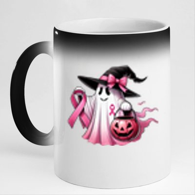 In October We Wear Pink Ghost Trick Or Treat Breast Cancer Front And Back 11oz Black Color Changing Mug