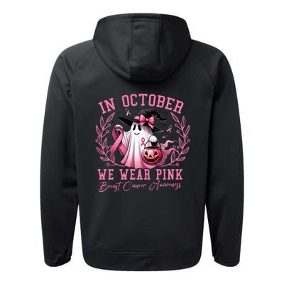 In October We Wear Pink Ghost Trick Or Treat Breast Cancer Front And Back Performance Fleece Hoodie