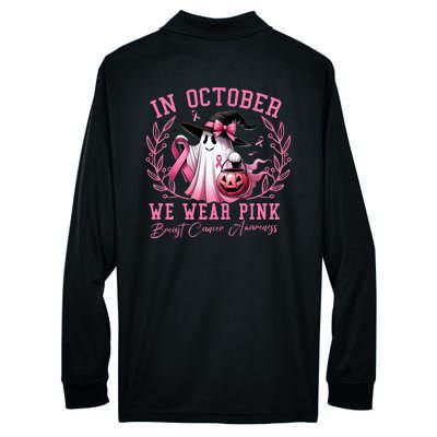 In October We Wear Pink Ghost Trick Or Treat Breast Cancer Front And Back Performance Long Sleeve Polo