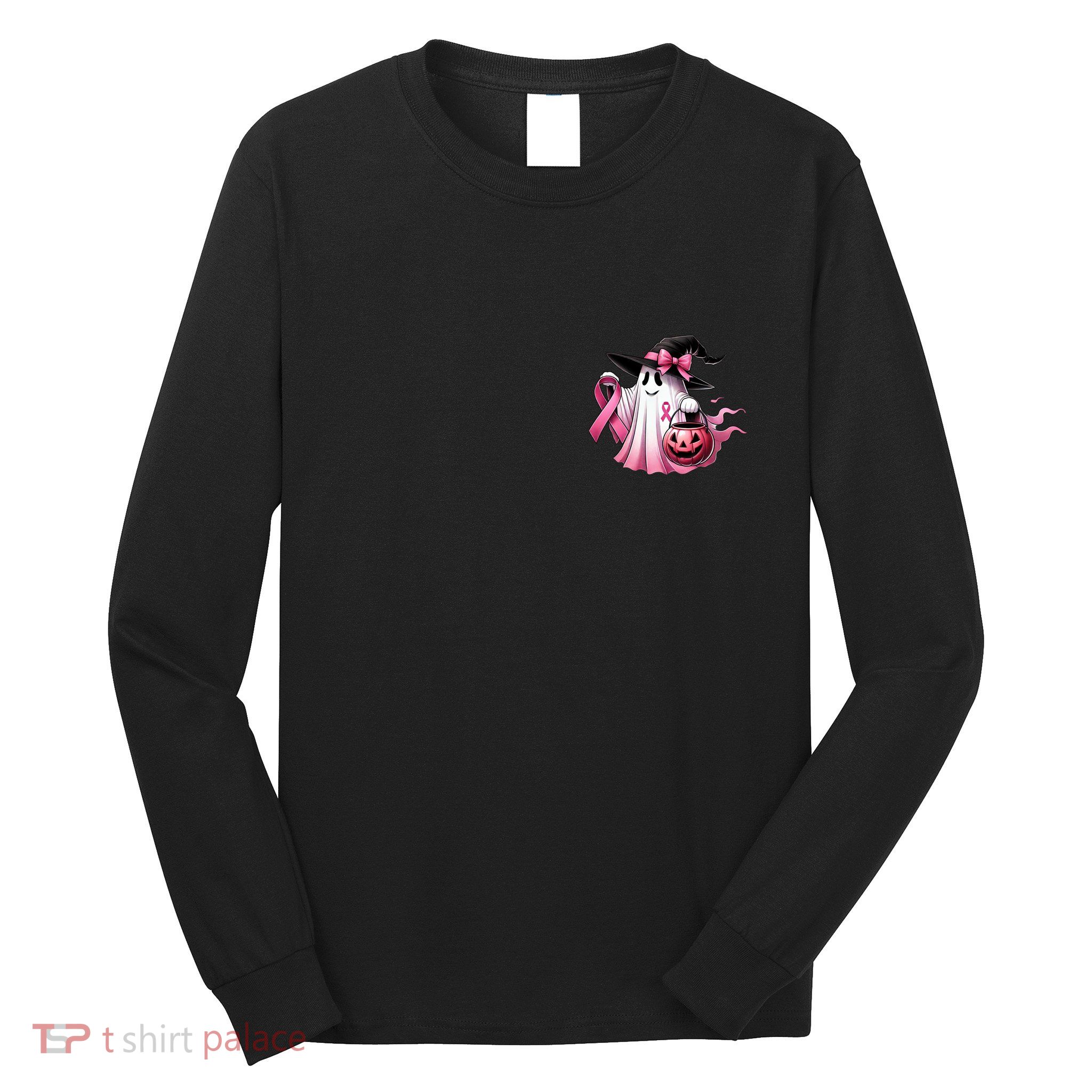 In October We Wear Pink Ghost Trick Or Treat Breast Cancer Front And Back Long Sleeve Shirt