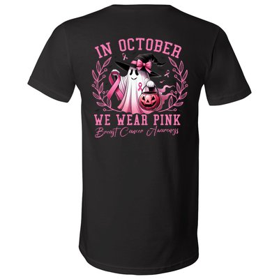 In October We Wear Pink Ghost Trick Or Treat Breast Cancer Front And Back V-Neck T-Shirt