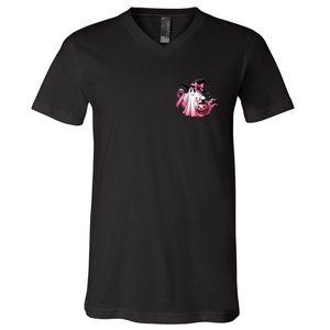 In October We Wear Pink Ghost Trick Or Treat Breast Cancer Front And Back V-Neck T-Shirt