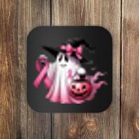 In October We Wear Pink Ghost Trick Or Treat Breast Cancer Front And Back Coaster