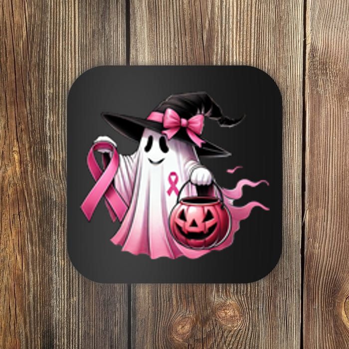 In October We Wear Pink Ghost Trick Or Treat Breast Cancer Front And Back Coaster