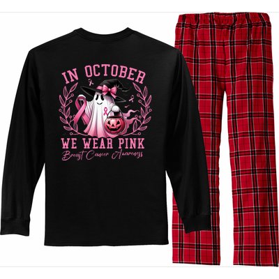 In October We Wear Pink Ghost Trick Or Treat Breast Cancer Front And Back Long Sleeve Pajama Set