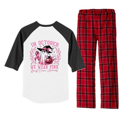 In October We Wear Pink Ghost Trick Or Treat Breast Cancer Front And Back Raglan Sleeve Pajama Set