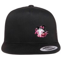 In October We Wear Pink Ghost Trick Or Treat Breast Cancer Front And Back Flatbill Hat