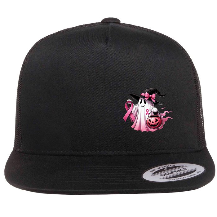 In October We Wear Pink Ghost Trick Or Treat Breast Cancer Front And Back Flatbill Hat