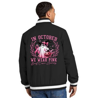 In October We Wear Pink Ghost Trick Or Treat Breast Cancer Front And Back Insulated Varsity Jacket