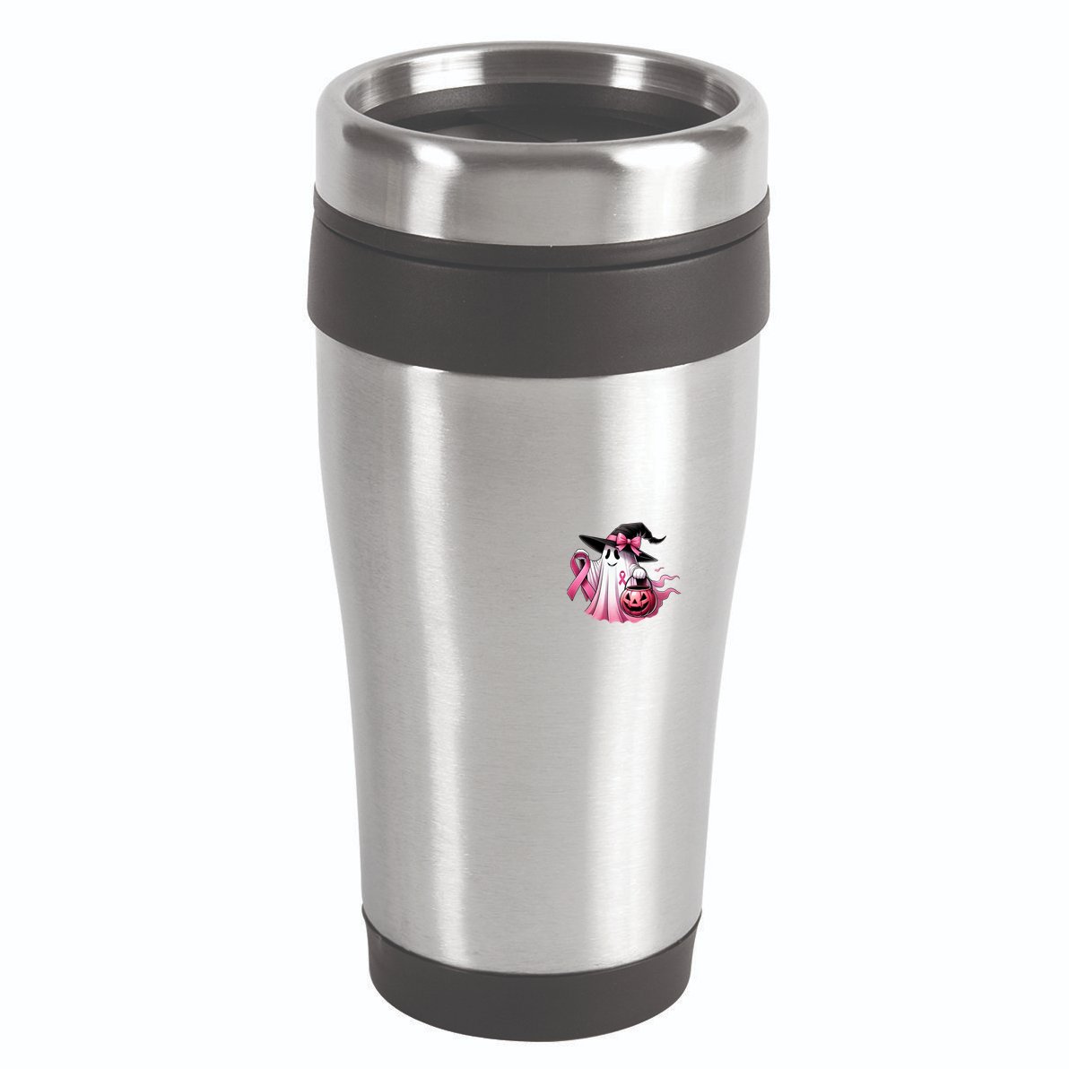 In October We Wear Pink Ghost Trick Or Treat Breast Cancer Front And Back 16oz Travel Tumbler
