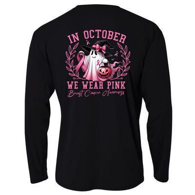 In October We Wear Pink Ghost Trick Or Treat Breast Cancer Front And Back Cooling Performance Long Sleeve Crew