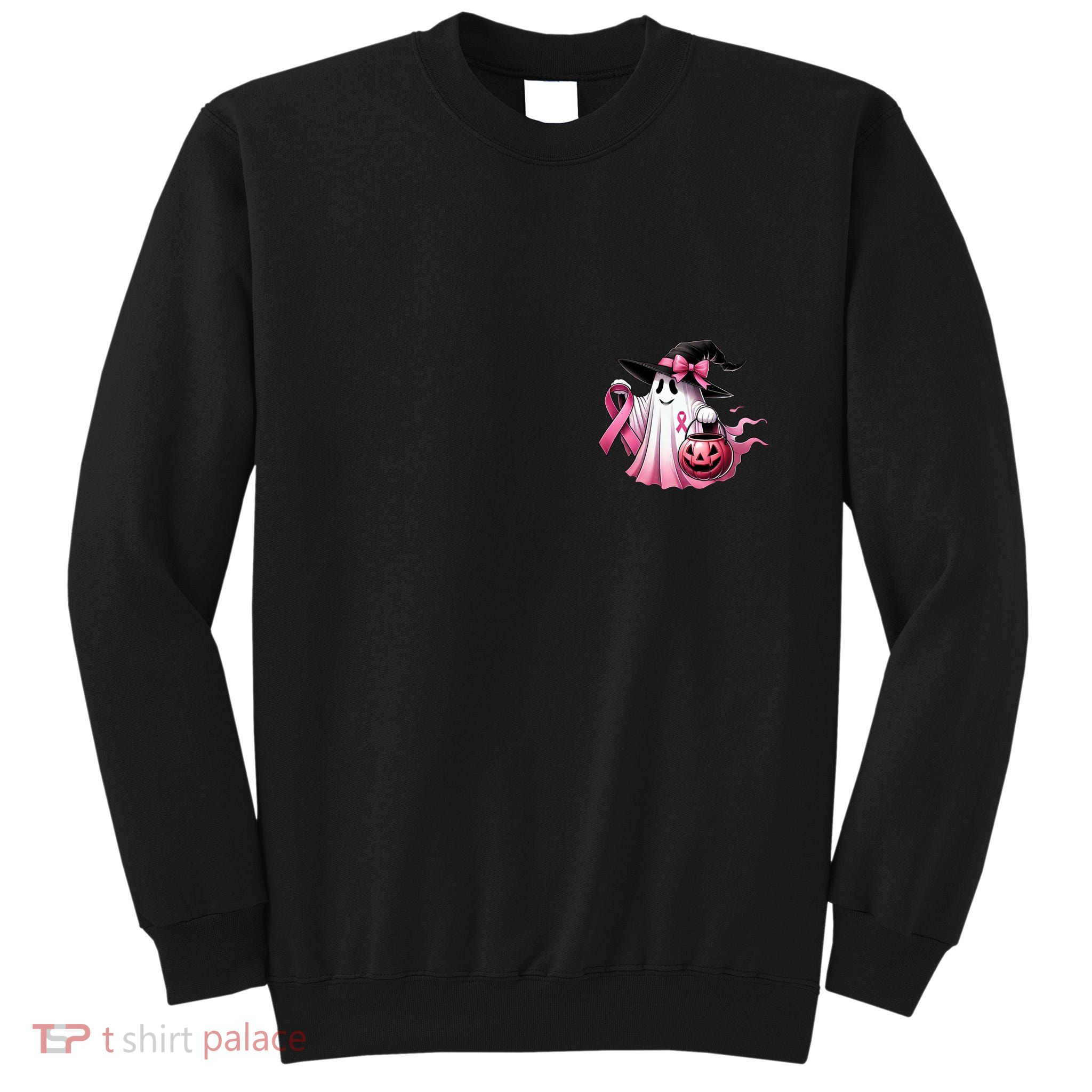 In October We Wear Pink Ghost Trick Or Treat Breast Cancer Front And Back Tall Sweatshirt