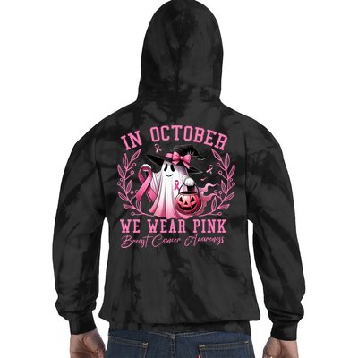 In October We Wear Pink Ghost Trick Or Treat Breast Cancer Front And Back Tie Dye Hoodie