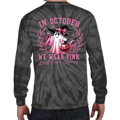 In October We Wear Pink Ghost Trick Or Treat Breast Cancer Front And Back Tie-Dye Long Sleeve Shirt