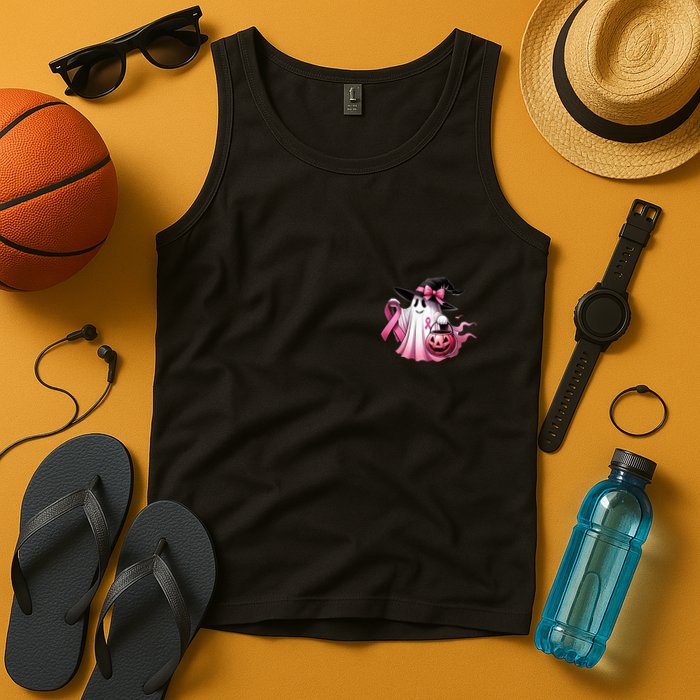 In October We Wear Pink Ghost Trick Or Treat Breast Cancer Front And Back Tank Top