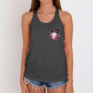 In October We Wear Pink Ghost Trick Or Treat Breast Cancer Front And Back Women's Knotted Racerback Tank