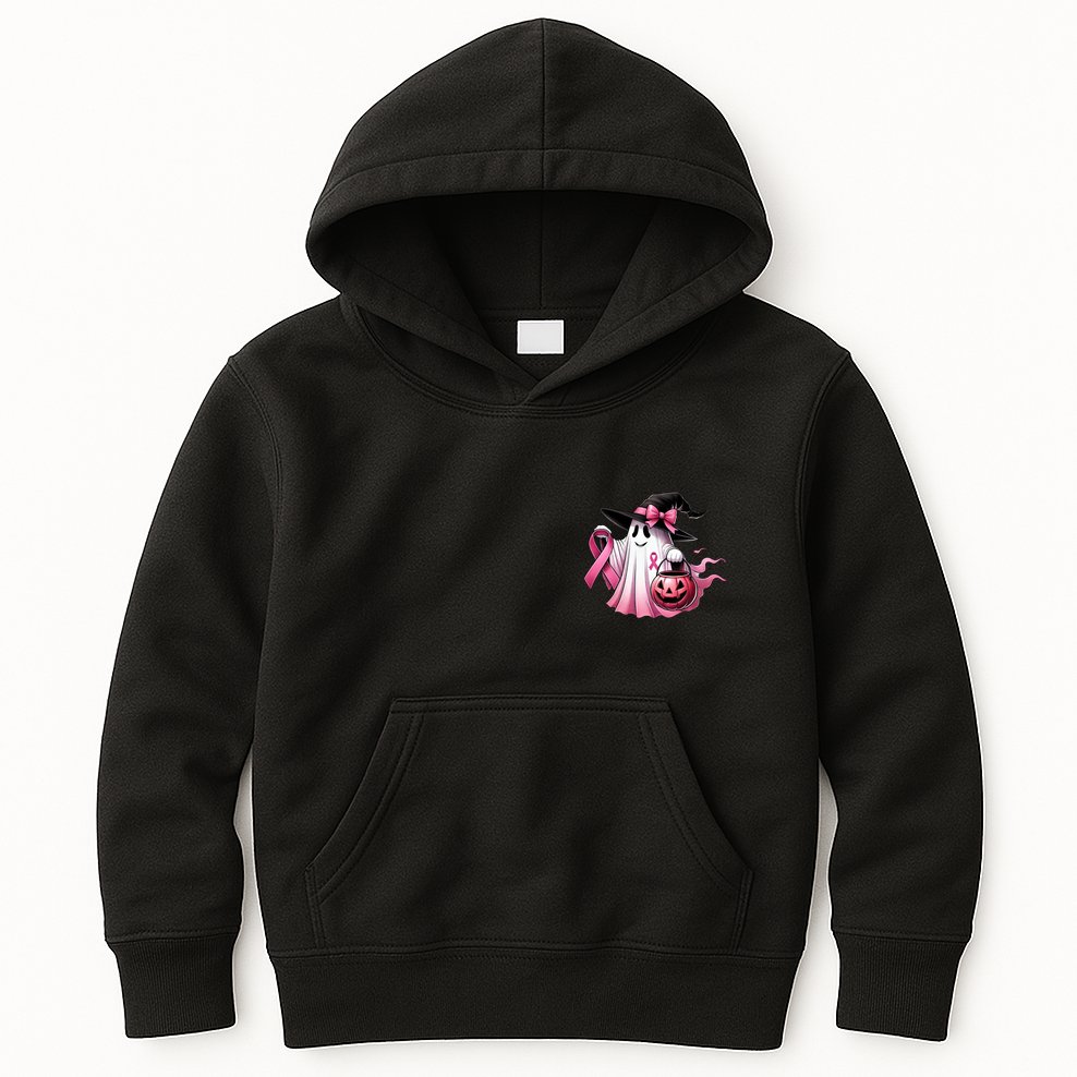 In October We Wear Pink Ghost Trick Or Treat Breast Cancer Front And Back Kids Hoodie