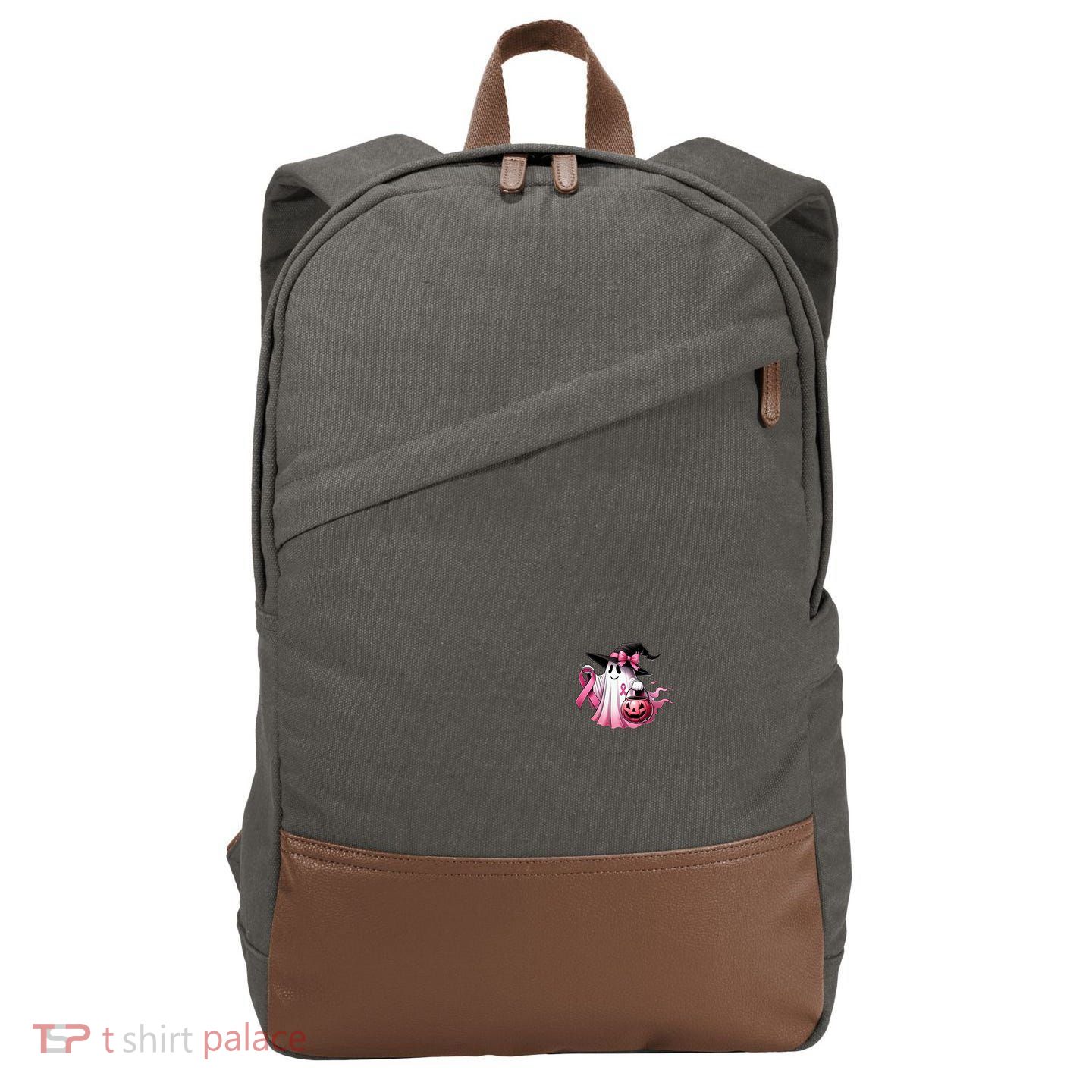 In October We Wear Pink Ghost Trick Or Treat Breast Cancer Front And Back Cotton Canvas Backpack