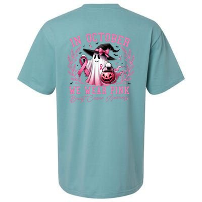 In October We Wear Pink Ghost Trick Or Treat Breast Cancer Front And Back Sueded Cloud Jersey T-Shirt