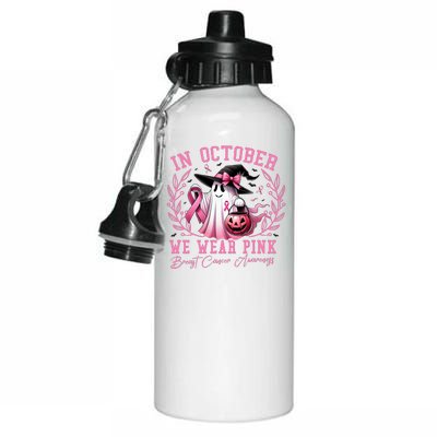 In October We Wear Pink Ghost Trick Or Treat Breast Cancer Front And Back Aluminum Water Bottle