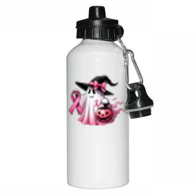 In October We Wear Pink Ghost Trick Or Treat Breast Cancer Front And Back Aluminum Water Bottle