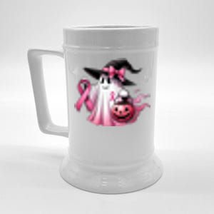 In October We Wear Pink Ghost Trick Or Treat Breast Cancer Front And Back Beer Stein