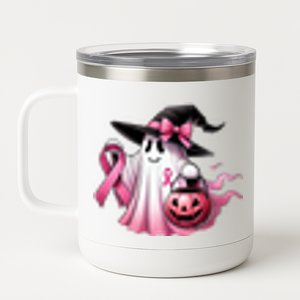 In October We Wear Pink Ghost Trick Or Treat Breast Cancer Front And Back 12 oz Stainless Steel Tumbler Cup