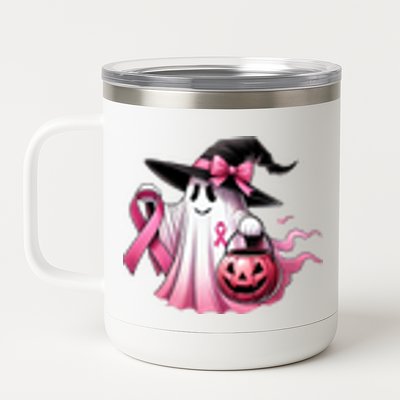 In October We Wear Pink Ghost Trick Or Treat Breast Cancer Front And Back 12 oz Stainless Steel Tumbler Cup