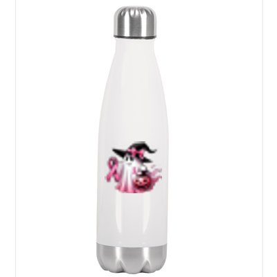 In October We Wear Pink Ghost Trick Or Treat Breast Cancer Front And Back Stainless Steel Insulated Water Bottle