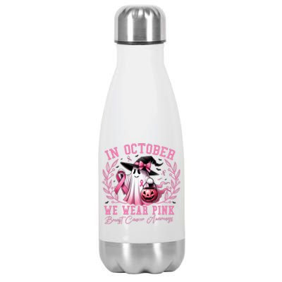 In October We Wear Pink Ghost Trick Or Treat Breast Cancer Front And Back Stainless Steel Insulated Water Bottle