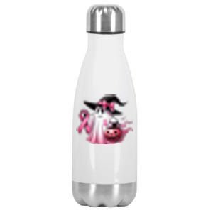 In October We Wear Pink Ghost Trick Or Treat Breast Cancer Front And Back Stainless Steel Insulated Water Bottle