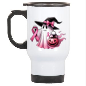 In October We Wear Pink Ghost Trick Or Treat Breast Cancer Front And Back Stainless Steel Travel Mug