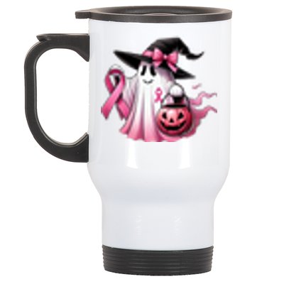 In October We Wear Pink Ghost Trick Or Treat Breast Cancer Front And Back Stainless Steel Travel Mug