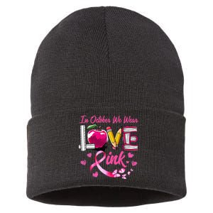 In October We Wear Pink LOVE Breast Cancer Awareness Teacher Sustainable Knit Beanie